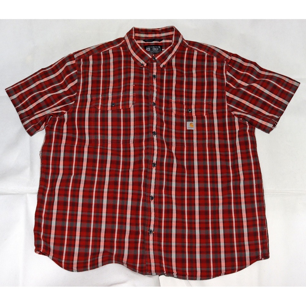 Carhartt Loose Fit Midweight Fired Brick Button Down Plaid S/S Shirt Size 2XL